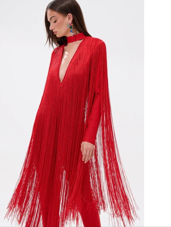 AKIRA Dresses & Skirts - AKIRA Red Long-Sleeve Fringe V-Neck Dress with Choker Detail